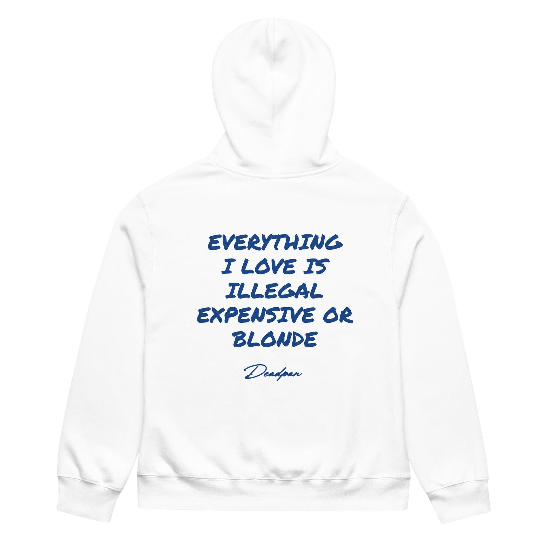 T-shirt oversize unisex bianco con stampa "Everything I Love Is Illegal, Expensive or Blonde" di UNTLD, vista da dietro.