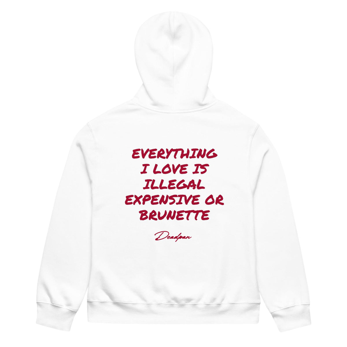 T-shirt oversize bianco UNTLD con stampa "Everything I Love Is Illegal, Expensive or Brunette" sul retro, stile casual e confortevole