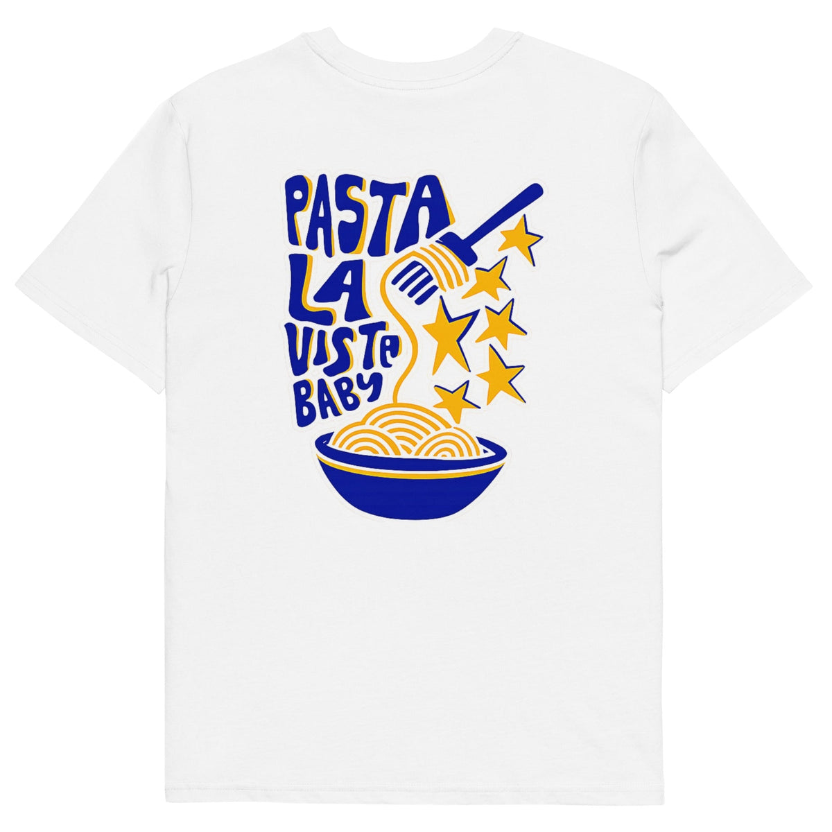 Maglietta unisex bianca con grafica Pasta La Vista Baby di UNTLD, in cotone organico, vista dalla schiena.