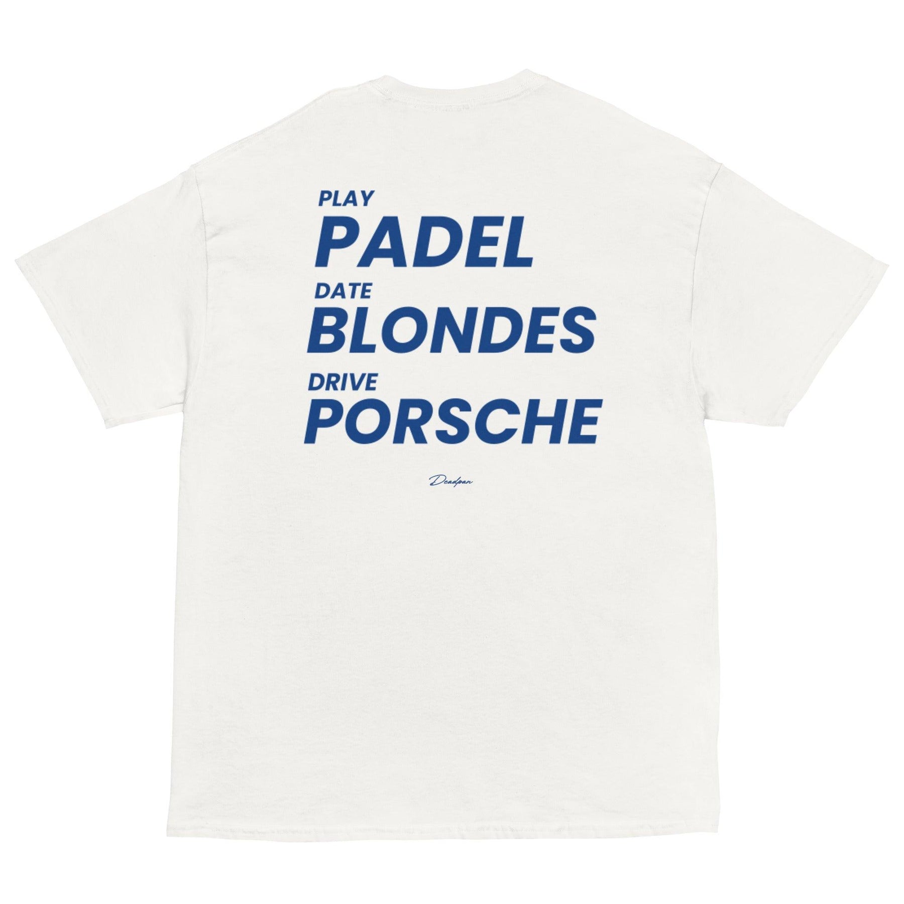 T-shirt unisex bianco UNTLD PLAY PADEL DATE BLONDES DRIVE Porsche con stampa sul retro, stile classico e casual.