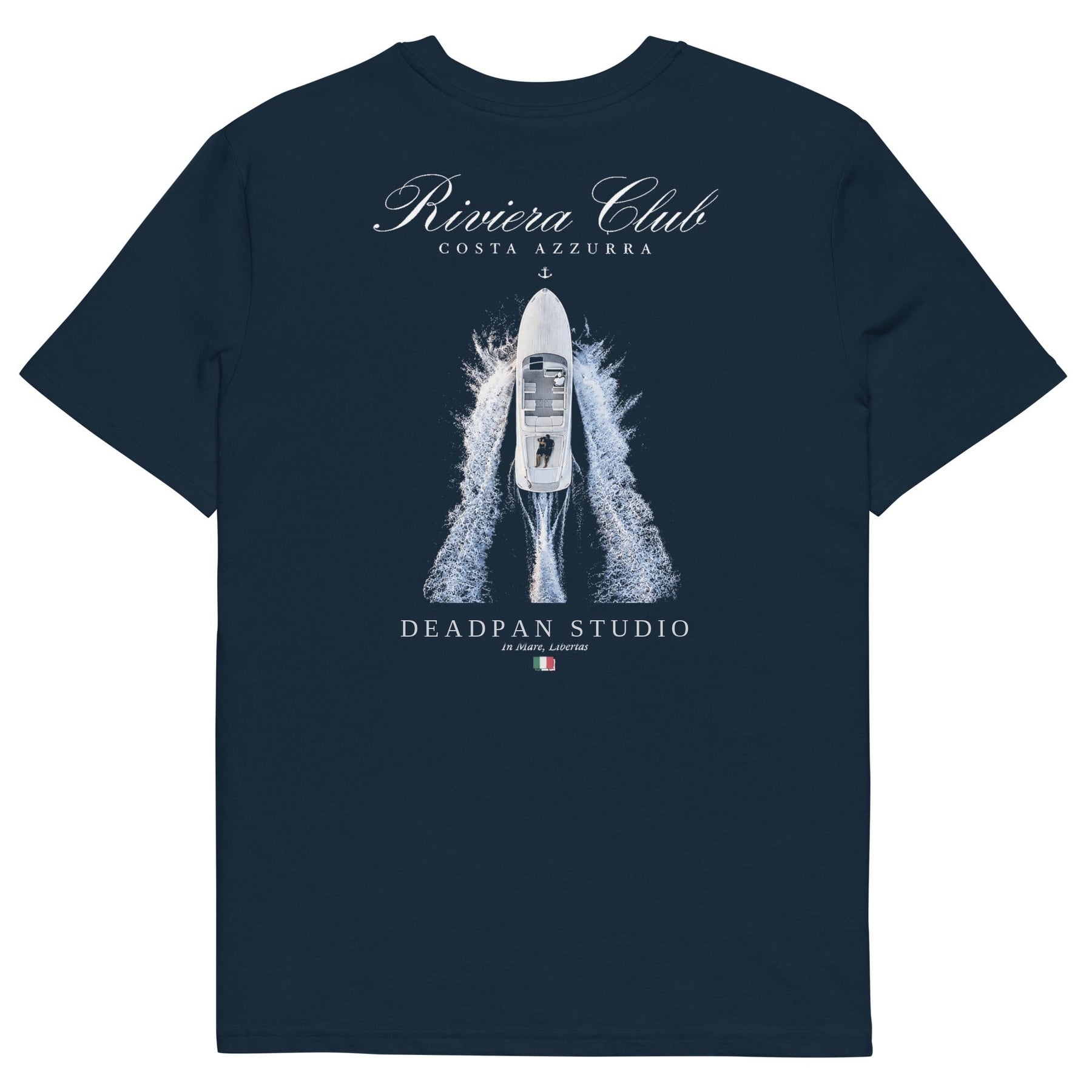 Maglietta unisex Riviera Club graphic in cotone biologico di colore blu navy, con stampa grafica sul fronte e sul retro, marca UNTLD.