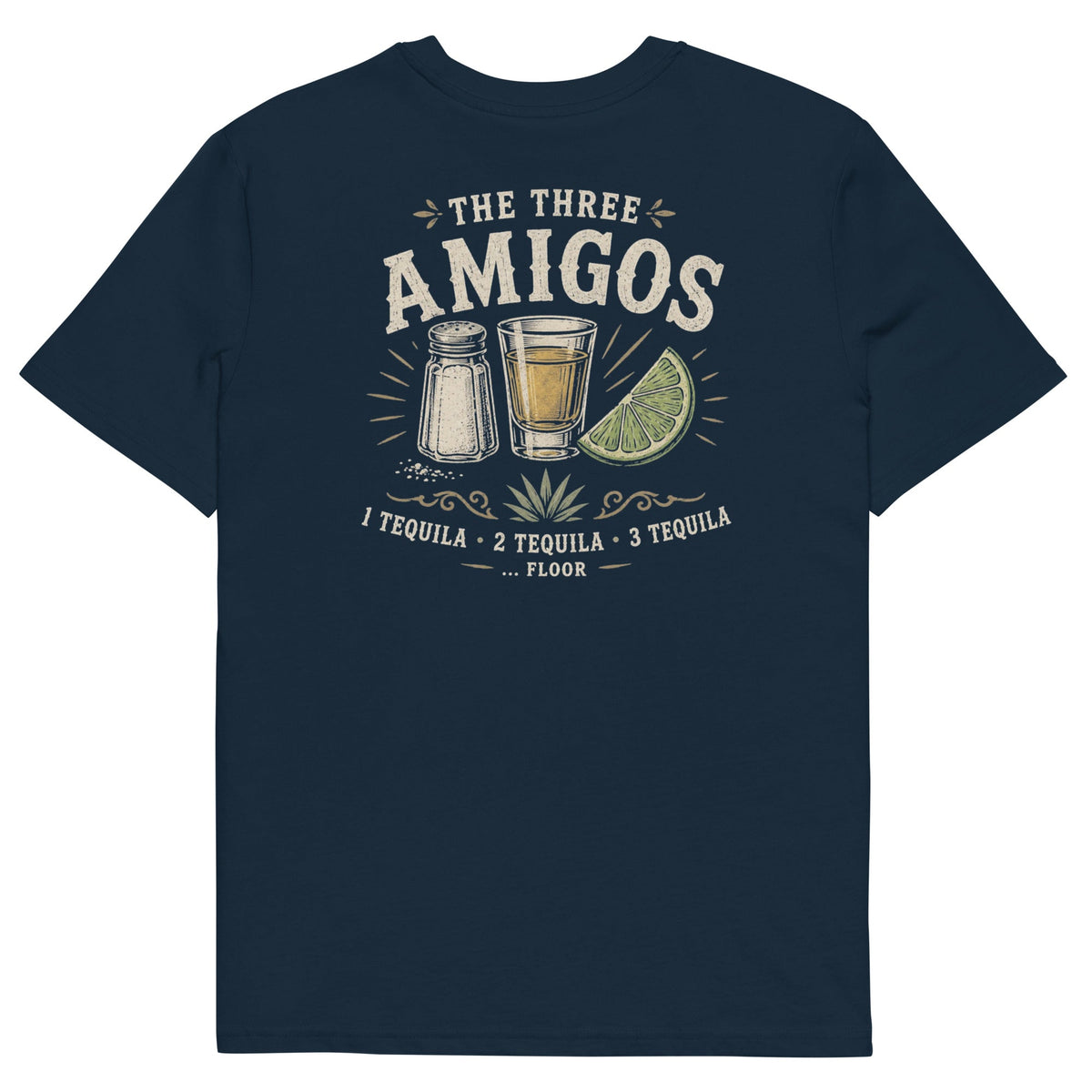 T-shirt unisex UNTLD The Three Amigos con grafica, cotone organico, colore blu navy, vista posteriore.